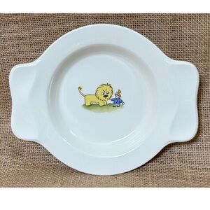 Vintage Ceramic Childs Plate Deep Dish w Handles Boy Lion Fairy Tale Whimsical